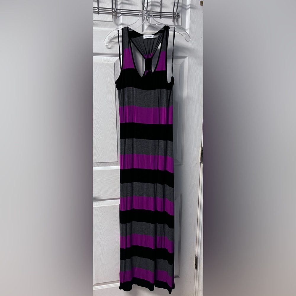 Calvin Klein maxi dress.  Size 8.  Black hot pink and gray stripes.  Never worn.